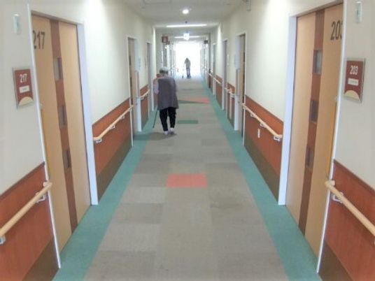 幅の広い廊下は車いすでも行き来ができる幅があり、両サイドに居室のドアと手すりがあり、高齢者が2名歩いている姿を確認できる。