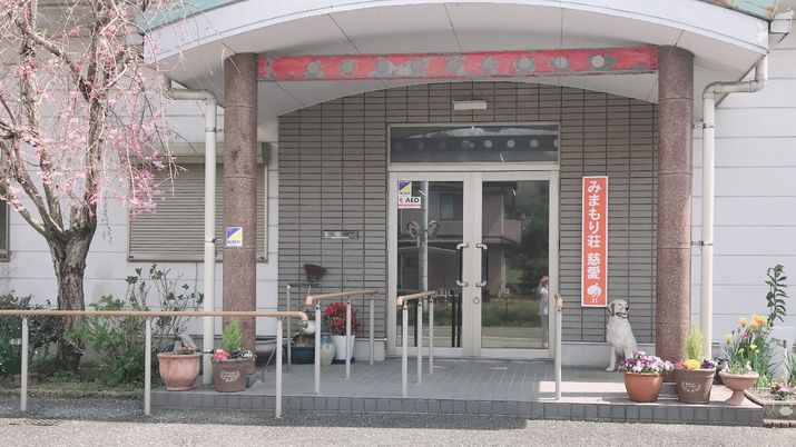 大きな屋根が付いた玄関の周りにはたくさんの手すりが付き、ピンクや黄色の花が植えられたプランターや白い犬の置物も置かれている。