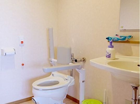 両側に手すりがついた介護仕様のトイレの様子。手前に洗面台がある