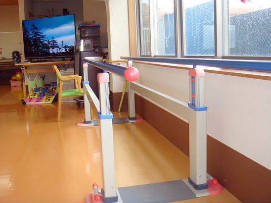 窓のすぐそばに歩行訓練用のバーがある様子。奥のほうにテレビがあるスペース