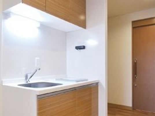 オール電化のキッチンが付いた居室。キッチンには収納も多く、電気もついている。