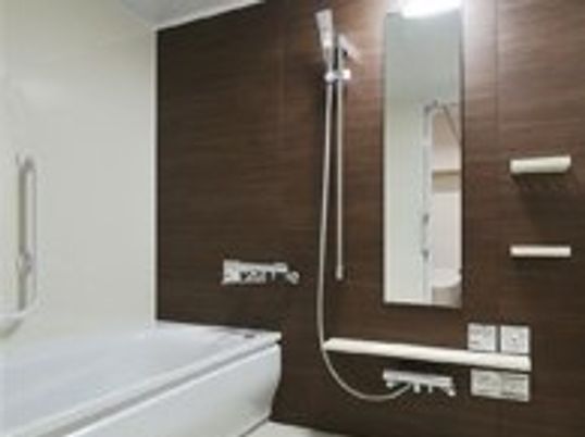 一面が黒、それ以外は白い浴室には一般の家庭サイズの浴槽があり、手すりもついている。