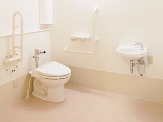 トイレは広く両サイドに手すりが設置されている。白でまとめられた清潔感のある空間。