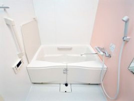 一人用の浴槽が置かれた浴室には、手すりやシャワーも設置されている。
