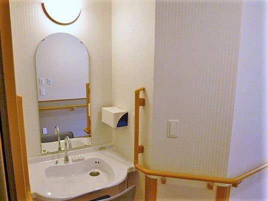 手すりが際まで設置された洗面所には水とお湯を切り替えるボタンなども付いている。