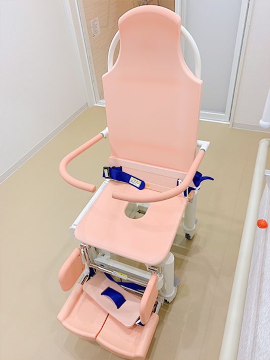 座った姿勢を保てる機会浴槽の一部分。椅子型の浴槽機器の一部