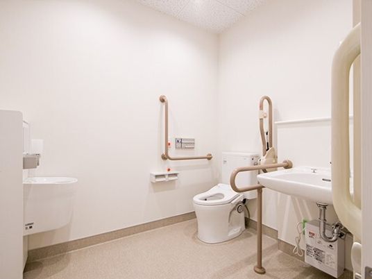 便器の周りにまんべんなく手すりが取り付けてあるトイレの様子