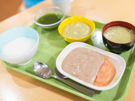 ミキサー状にされた食事。それぞれ異なる器に盛られ、色合いにも配慮され、スプーンが置かれている。