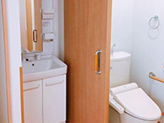 手すり付きのトイレにはスライド式のドアが設置され、タオル掛けもあり、洗面所も付いている。