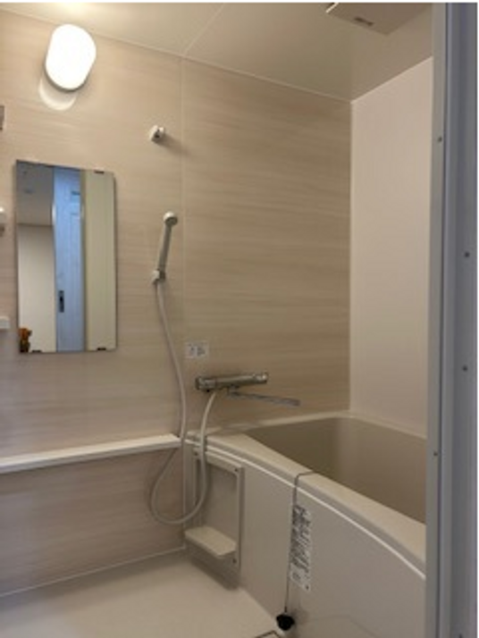 シャワーと広いバスタブが設置されている浴室