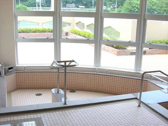 小さなプールのような形をした大浴場の浴槽の様子。全面に窓がある浴室