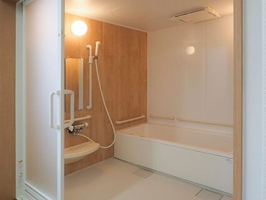 大きなドアが付いた広い浴室内には一人用の浴槽が設置され、シャワーや手すりも付いている。