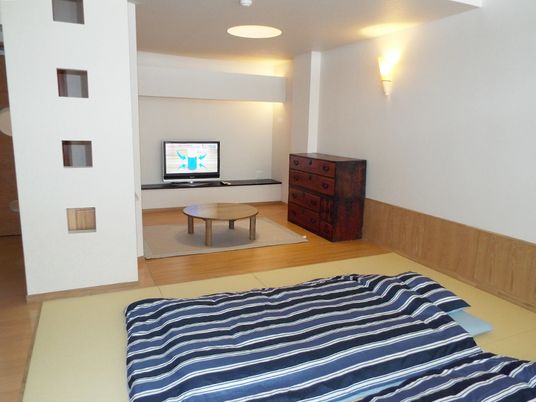 和室のホテルのような空間。テーブルとタンス、テレビなどがある畳の部屋