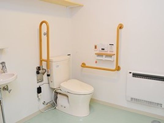 両側に手すりがついた介護仕様のトイレの様子。可動式の手すりがついている