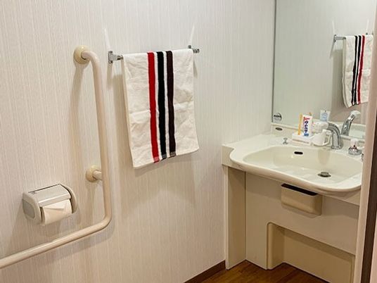 エル字型の手すりがあり、タオル掛けやトイレットペーパーホルダーがあり、車いす対応の洗面所も付いている。