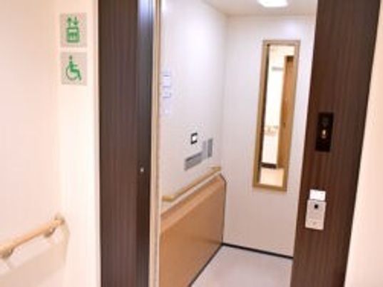 ブラウンのドアが付いたエレベーター内には手すりと鏡があり、扉のそばには車いすとエレベーターのサインがある。