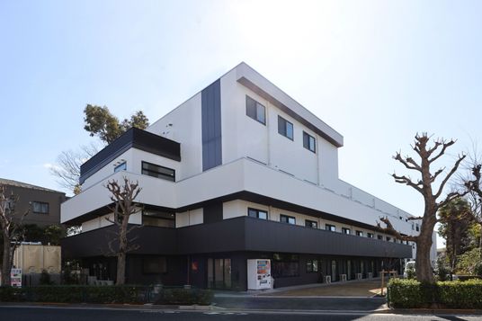 周囲を木々で囲まれた、茶色と白の外壁の4階建て建築物