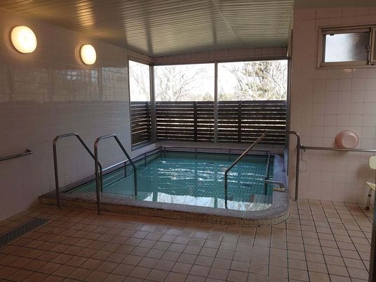 大きな浴槽には手すりが付き、洗い場が広い。たっぷりの湯が張られ、大きな窓も付いている。