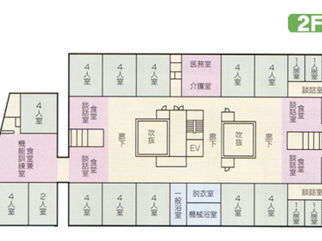 2階フロア図 内観 二階の設計図です。居室や医務室、介護室が配置されており、利便性が考慮されています。