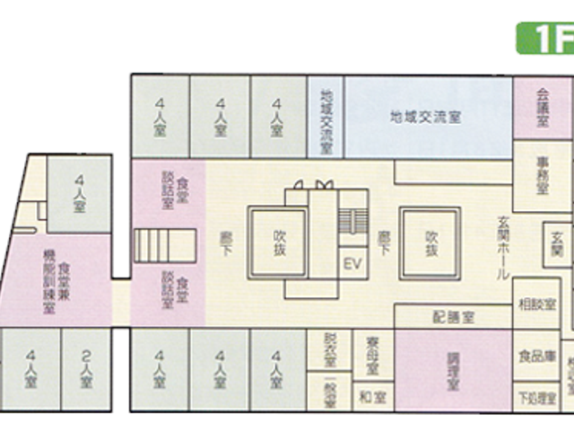 施設の平面図 内観 施設全体のレイアウトを一目で把握できます。多様な部屋を備え、効率的な動線が特徴です。