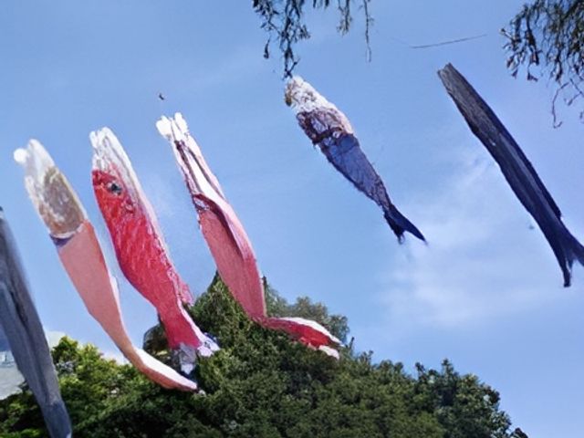 青空の上にこいのぼり 庭 色とりどりのこいのぼりが風に揺れ、自然と触れ合える穏やかな環境が広がっています。