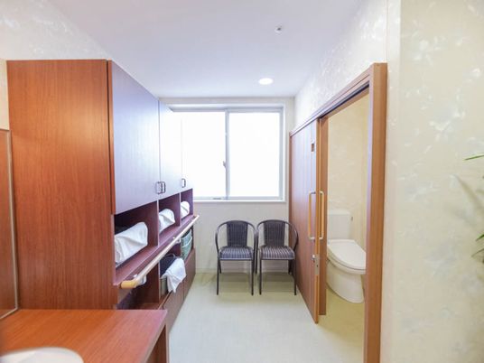 施設の写真 脱衣所には、脱衣かごを置くスペースが６か所ある。洗面台がある。幅の広い引き戸を開けると、トイレが設置されている。