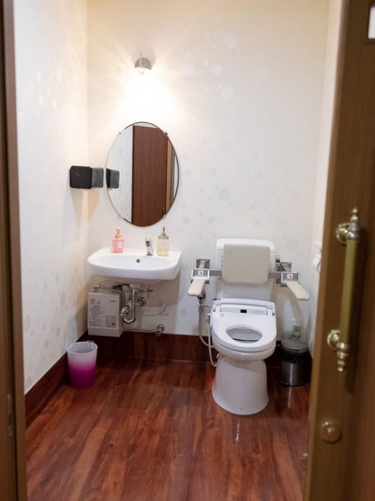 トイレは引き戸タイプのドアの室内にある。背もたれやひじ掛けが設置されている。洗面台があり、その前には楕円形の鏡がある。