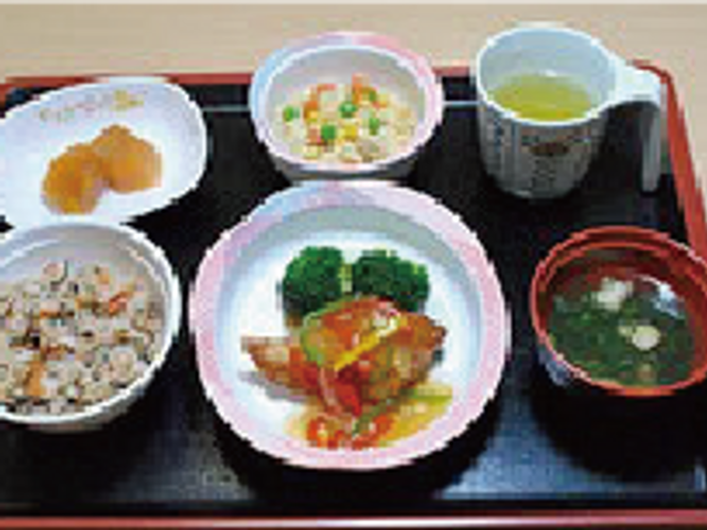 栄養豊富な食事 食堂 彩り豊かで栄養バランスの良い食事です。各種料理が美しく盛り付けられ、健康的な毎日をサポートします。