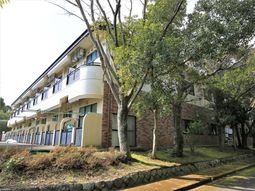 緑に囲まれた建物の外観