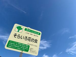 青空と看板の外観  