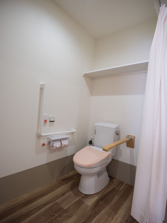 カーテンで仕切られたトイレで、壁にはＬ字型の手すりや操作パネル、ペーパーホルダーが取りつけられている。