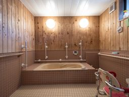 木の壁の明るい浴室