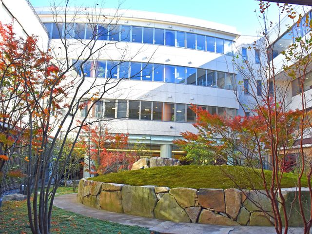 緑豊かな施設の外観 中庭 自然に囲まれた清潔な建物です。四季折々の風景を楽しみながら、快適な職場環境が期待できます。