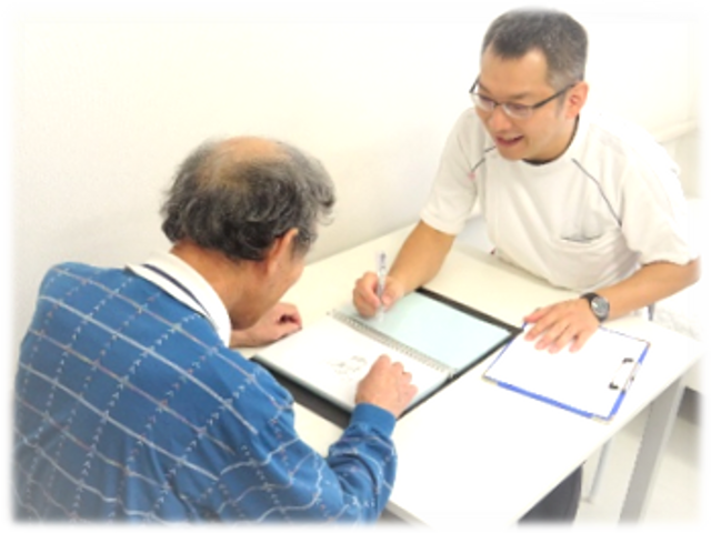 対面する男性たちの様子 スタッフイメージ 穏やかな雰囲気の中、入居者とスタッフがテーブルで親しげに過ごしています。