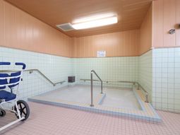 手すり付きの明るい浴室