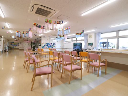 多彩な椅子の明るい食堂