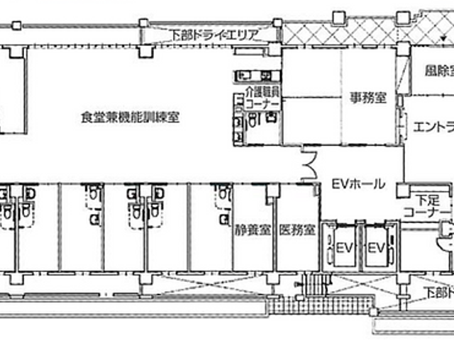 詳細な施設案内図 内観 施設全体の配置が分かる詳細な案内図です。施設のどこで働くかイメージしやすくなっています。