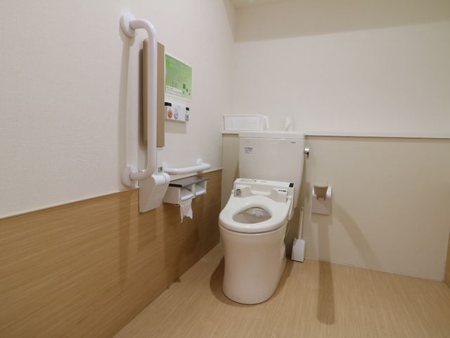 バリアフリー対応のトイレ トイレ 手すり付きで安全なトイレです。使用者の安全と自立をサポートしています。