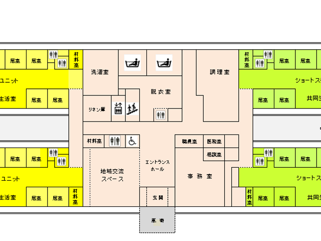 施設配置図 内観 1階のフロアマップです。各ユニットの配置が一目でわかり、効率的な動線が確保されています。