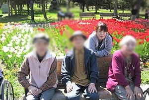 色とりどりの花壇と人物  