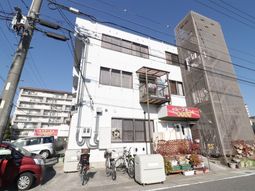 白い建物の外観と花