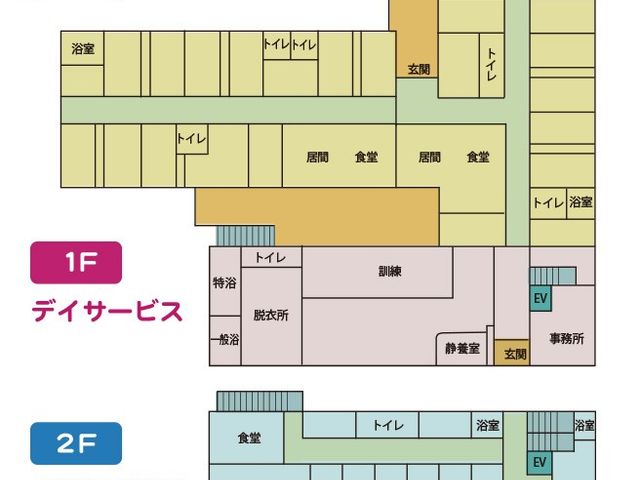 施設の見取り図 内観 1階はグループホームとデイサービスがあり、2階は多機能スペースです。各階の配置が詳しく示されています。