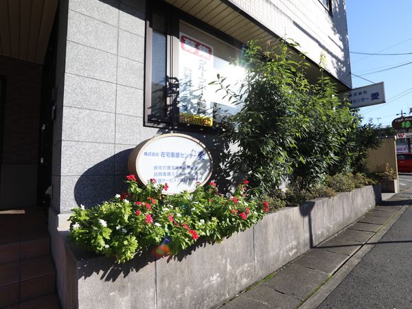 明るい日差しの看板と花壇