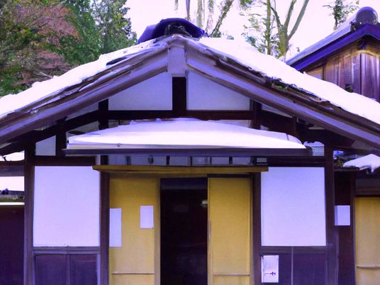 雪の和風建物入口  