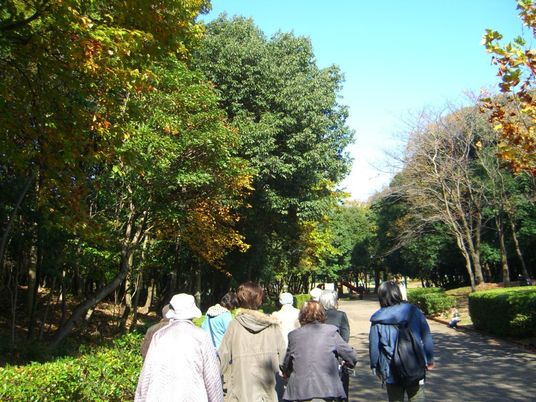 散歩する人々と緑豊かな中庭