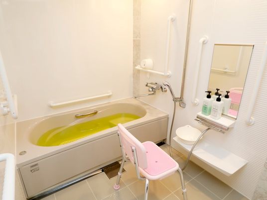 シャワーチェアや手すりがある施設内の浴室の様子。一人用の浴室