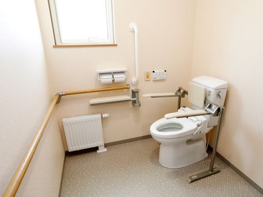 両側に手すりが取り付けられている施設内の広めのトイレの様子