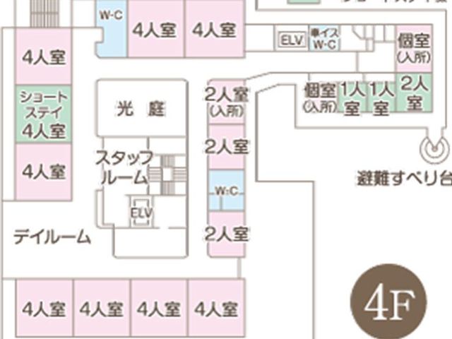 間取り図面フロア 内観 4階のショートステイや個室が配置されたフロアです。避難スロープが備わっています。