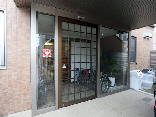 エントランスの片引き戸と植物