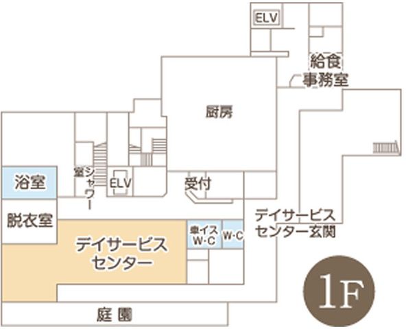 施設の間取り図 内観 1階のフロアマップです。デイサービスセンターや浴室など、各施設の配置がわかります。